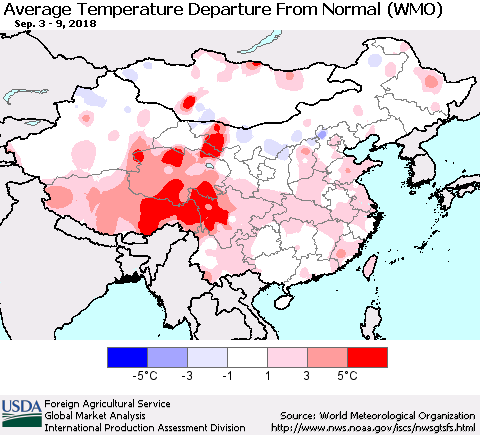 China and Taiwan Average Temperature Departure from Normal (WMO) Thematic Map For 9/3/2018 - 9/9/2018