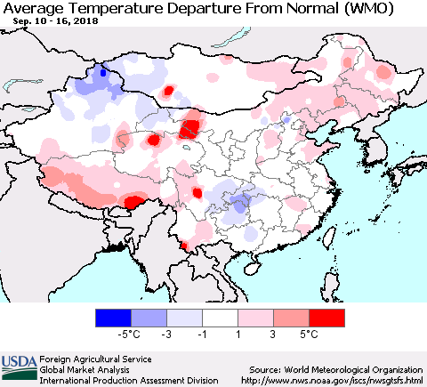 China and Taiwan Average Temperature Departure from Normal (WMO) Thematic Map For 9/10/2018 - 9/16/2018