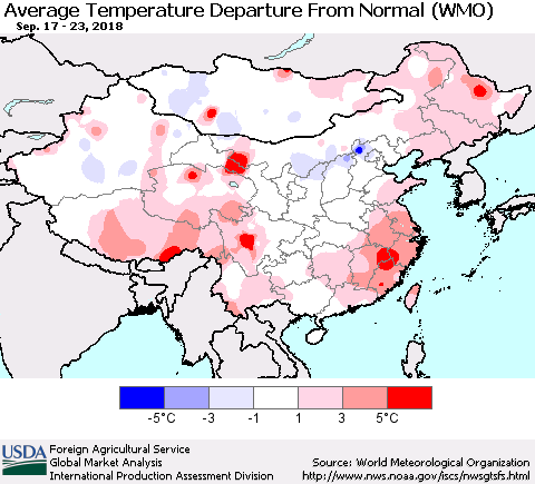 China and Taiwan Average Temperature Departure from Normal (WMO) Thematic Map For 9/17/2018 - 9/23/2018