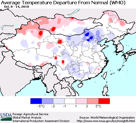 China and Taiwan Average Temperature Departure from Normal (WMO) Thematic Map For 10/8/2018 - 10/14/2018