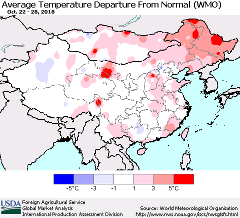 China, Mongolia and Taiwan Average Temperature Departure from Normal (WMO) Thematic Map For 10/22/2018 - 10/28/2018