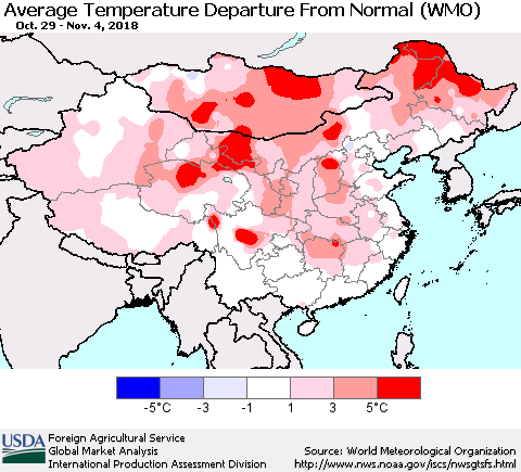China and Taiwan Average Temperature Departure from Normal (WMO) Thematic Map For 10/29/2018 - 11/4/2018