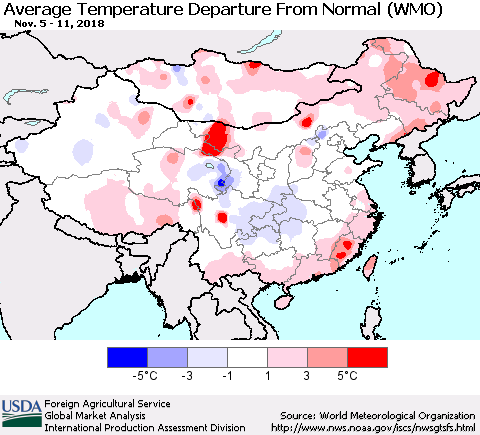 China and Taiwan Average Temperature Departure from Normal (WMO) Thematic Map For 11/5/2018 - 11/11/2018
