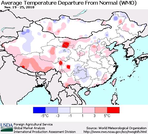 China and Taiwan Average Temperature Departure from Normal (WMO) Thematic Map For 11/19/2018 - 11/25/2018