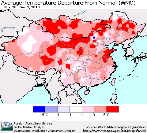 China and Taiwan Average Temperature Departure from Normal (WMO) Thematic Map For 11/26/2018 - 12/2/2018