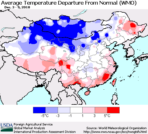 China and Taiwan Average Temperature Departure from Normal (WMO) Thematic Map For 12/3/2018 - 12/9/2018