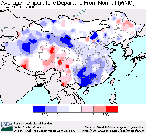 China, Mongolia and Taiwan Average Temperature Departure from Normal (WMO) Thematic Map For 12/10/2018 - 12/16/2018