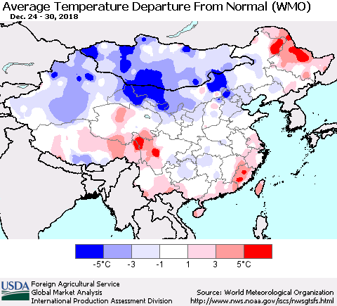 China, Mongolia and Taiwan Average Temperature Departure from Normal (WMO) Thematic Map For 12/24/2018 - 12/30/2018