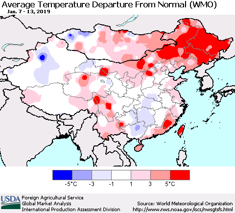 China and Taiwan Average Temperature Departure from Normal (WMO) Thematic Map For 1/7/2019 - 1/13/2019