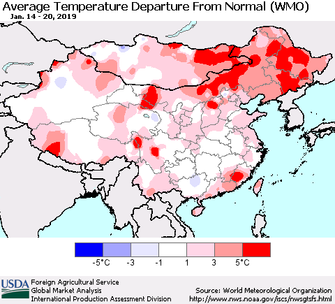 China and Taiwan Average Temperature Departure from Normal (WMO) Thematic Map For 1/14/2019 - 1/20/2019