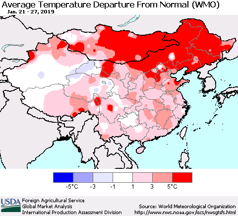 China and Taiwan Average Temperature Departure from Normal (WMO) Thematic Map For 1/21/2019 - 1/27/2019