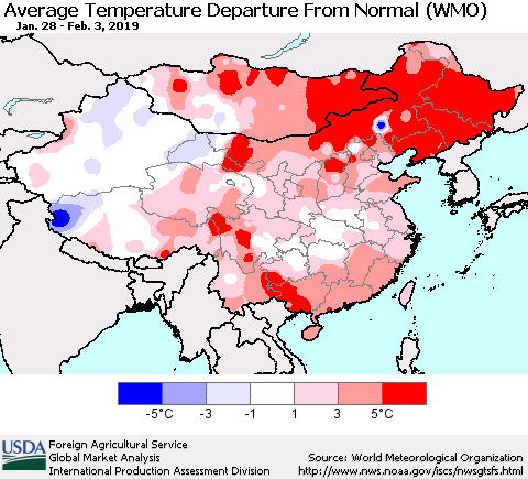 China and Taiwan Average Temperature Departure from Normal (WMO) Thematic Map For 1/28/2019 - 2/3/2019