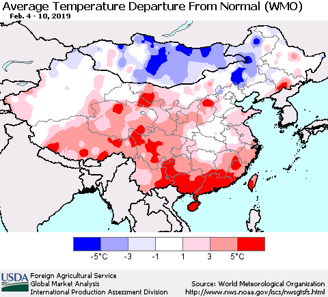 China and Taiwan Average Temperature Departure from Normal (WMO) Thematic Map For 2/4/2019 - 2/10/2019
