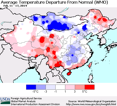 China, Mongolia and Taiwan Average Temperature Departure from Normal (WMO) Thematic Map For 2/11/2019 - 2/17/2019