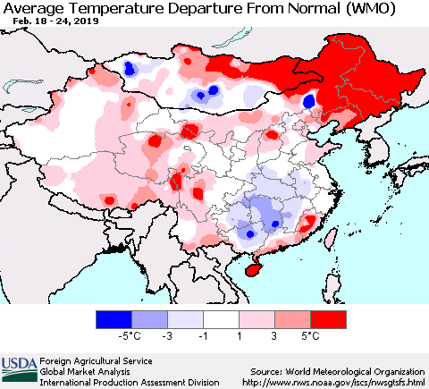 China, Mongolia and Taiwan Average Temperature Departure from Normal (WMO) Thematic Map For 2/18/2019 - 2/24/2019