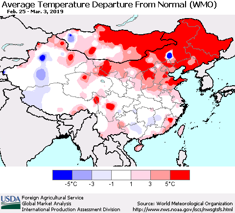China and Taiwan Average Temperature Departure from Normal (WMO) Thematic Map For 2/25/2019 - 3/3/2019