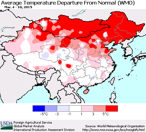 China and Taiwan Average Temperature Departure from Normal (WMO) Thematic Map For 3/4/2019 - 3/10/2019