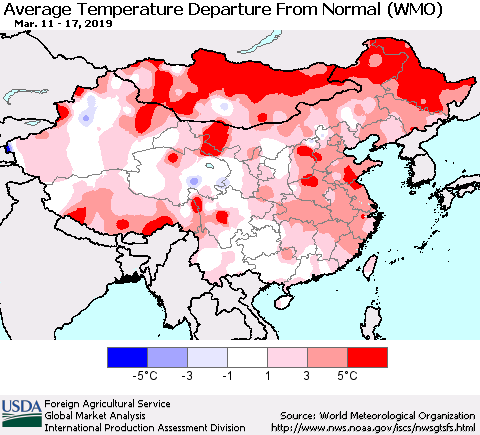 China and Taiwan Average Temperature Departure From Normal (WMO) Thematic Map For 3/11/2019 - 3/17/2019