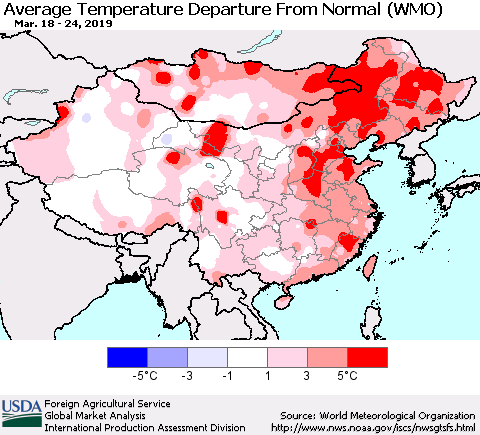 China and Taiwan Average Temperature Departure from Normal (WMO) Thematic Map For 3/18/2019 - 3/24/2019