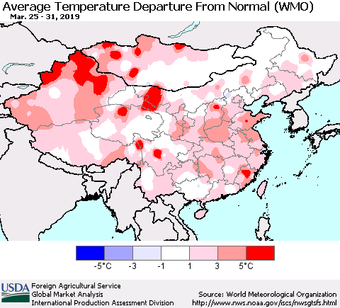 China and Taiwan Average Temperature Departure From Normal (WMO) Thematic Map For 3/25/2019 - 3/31/2019