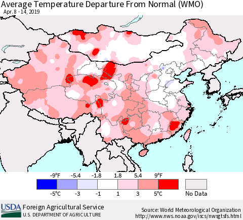 China, Mongolia and Taiwan Average Temperature Departure from Normal (WMO) Thematic Map For 4/8/2019 - 4/14/2019