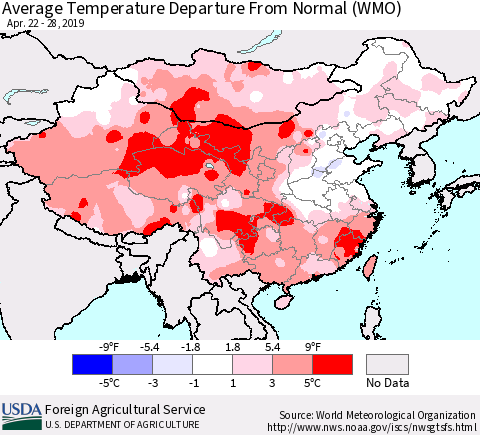 China and Taiwan Average Temperature Departure from Normal (WMO) Thematic Map For 4/22/2019 - 4/28/2019