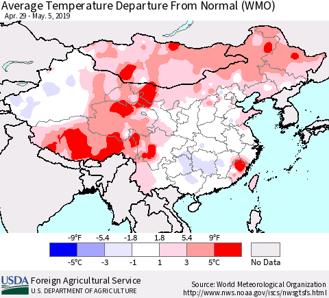 China and Taiwan Average Temperature Departure from Normal (WMO) Thematic Map For 4/29/2019 - 5/5/2019