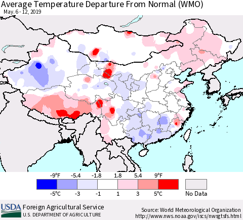 China and Taiwan Average Temperature Departure from Normal (WMO) Thematic Map For 5/6/2019 - 5/12/2019