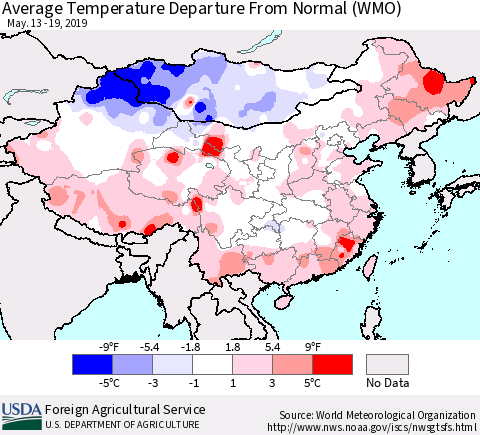 China and Taiwan Average Temperature Departure from Normal (WMO) Thematic Map For 5/13/2019 - 5/19/2019