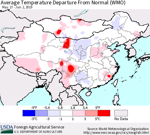 China and Taiwan Average Temperature Departure from Normal (WMO) Thematic Map For 5/27/2019 - 6/2/2019