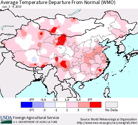China and Taiwan Average Temperature Departure from Normal (WMO) Thematic Map For 6/3/2019 - 6/9/2019