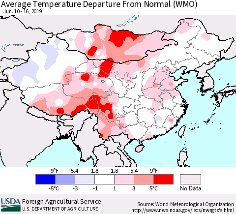 China, Mongolia and Taiwan Average Temperature Departure from Normal (WMO) Thematic Map For 6/10/2019 - 6/16/2019