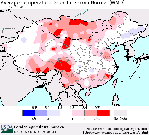 China and Taiwan Average Temperature Departure From Normal (WMO) Thematic Map For 6/17/2019 - 6/23/2019