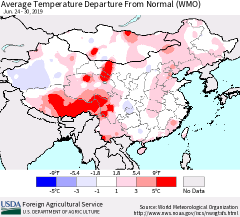 China and Taiwan Average Temperature Departure From Normal (WMO) Thematic Map For 6/24/2019 - 6/30/2019