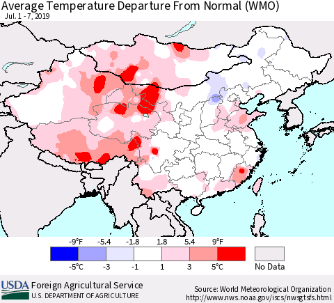 China and Taiwan Average Temperature Departure From Normal (WMO) Thematic Map For 7/1/2019 - 7/7/2019