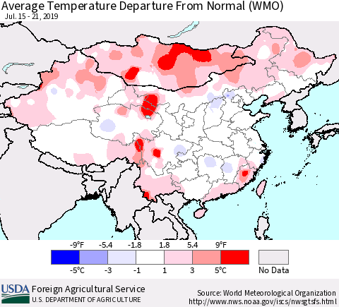 China and Taiwan Average Temperature Departure From Normal (WMO) Thematic Map For 7/15/2019 - 7/21/2019