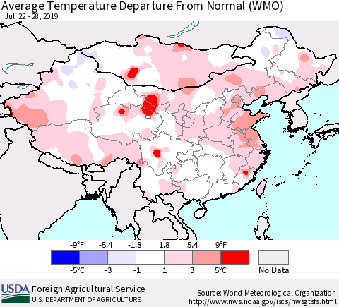 China and Taiwan Average Temperature Departure From Normal (WMO) Thematic Map For 7/22/2019 - 7/28/2019