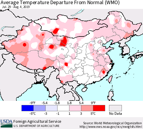 China, Mongolia and Taiwan Average Temperature Departure from Normal (WMO) Thematic Map For 7/29/2019 - 8/4/2019