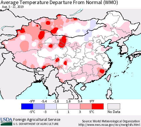 China and Taiwan Average Temperature Departure From Normal (WMO) Thematic Map For 8/5/2019 - 8/11/2019