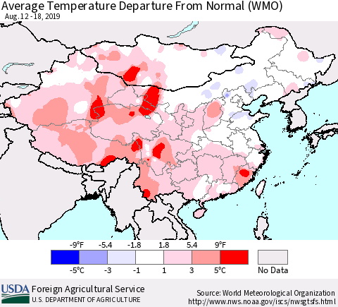 China and Taiwan Average Temperature Departure From Normal (WMO) Thematic Map For 8/12/2019 - 8/18/2019