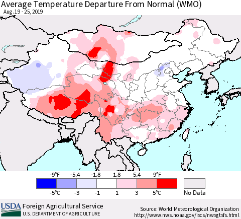 China, Mongolia and Taiwan Average Temperature Departure from Normal (WMO) Thematic Map For 8/19/2019 - 8/25/2019