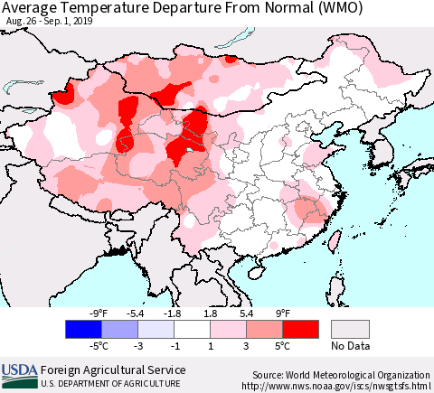 China and Taiwan Average Temperature Departure From Normal (WMO) Thematic Map For 8/26/2019 - 9/1/2019
