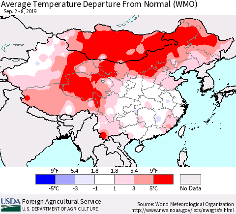 China and Taiwan Average Temperature Departure From Normal (WMO) Thematic Map For 9/2/2019 - 9/8/2019