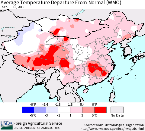 China and Taiwan Average Temperature Departure From Normal (WMO) Thematic Map For 9/9/2019 - 9/15/2019
