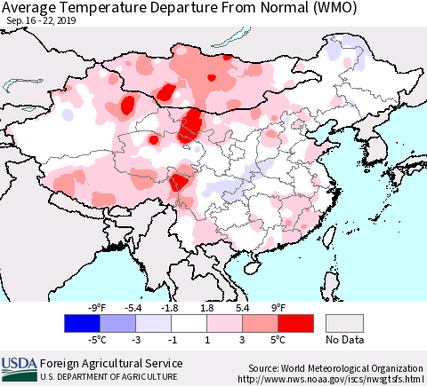 China and Taiwan Average Temperature Departure From Normal (WMO) Thematic Map For 9/16/2019 - 9/22/2019