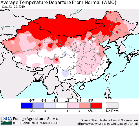 China, Mongolia and Taiwan Average Temperature Departure from Normal (WMO) Thematic Map For 9/23/2019 - 9/29/2019