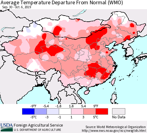 China and Taiwan Average Temperature Departure From Normal (WMO) Thematic Map For 9/30/2019 - 10/6/2019