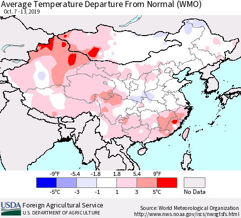 China and Taiwan Average Temperature Departure From Normal (WMO) Thematic Map For 10/7/2019 - 10/13/2019
