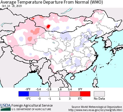 China and Taiwan Average Temperature Departure From Normal (WMO) Thematic Map For 10/14/2019 - 10/20/2019