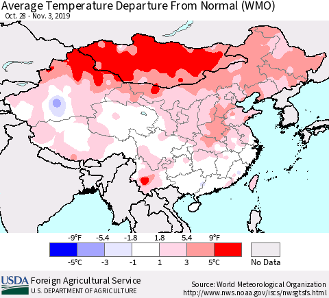 China, Mongolia and Taiwan Average Temperature Departure from Normal (WMO) Thematic Map For 10/28/2019 - 11/3/2019